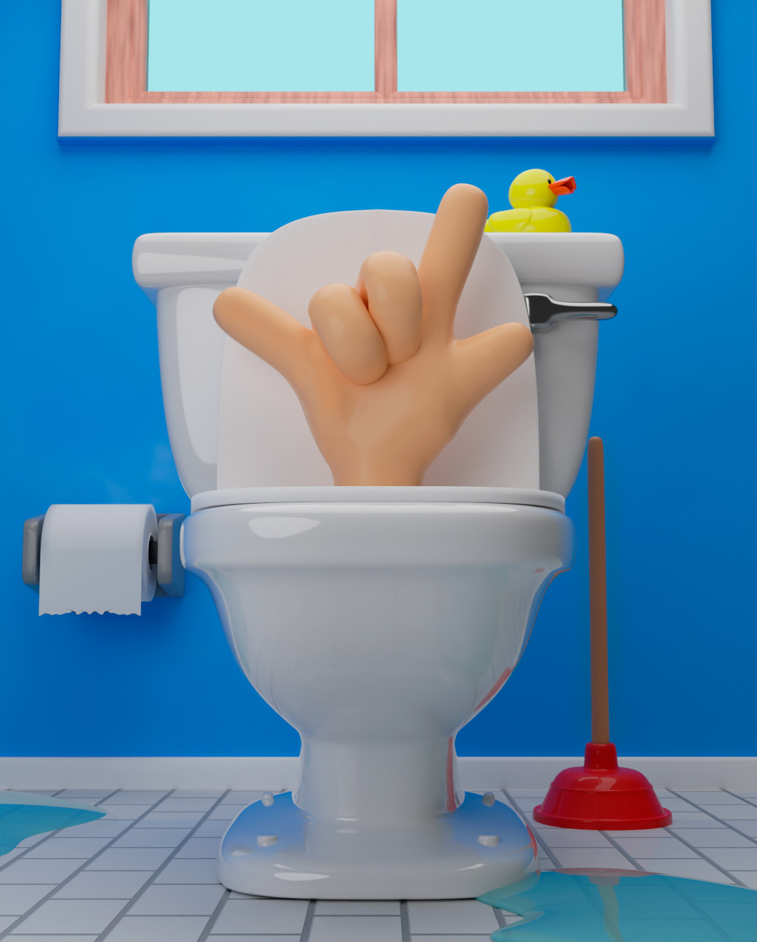 Pieza de personaje — mano asomando de un inodoro con pato de hule