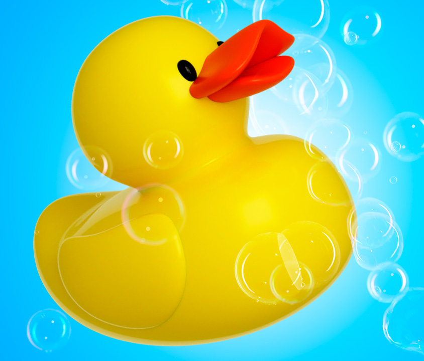 Pato de hule 3D flotando entre burbujas