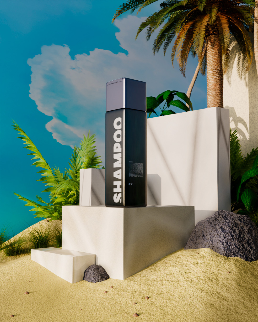 Render de producto — botella de shampoo en escenario tropical