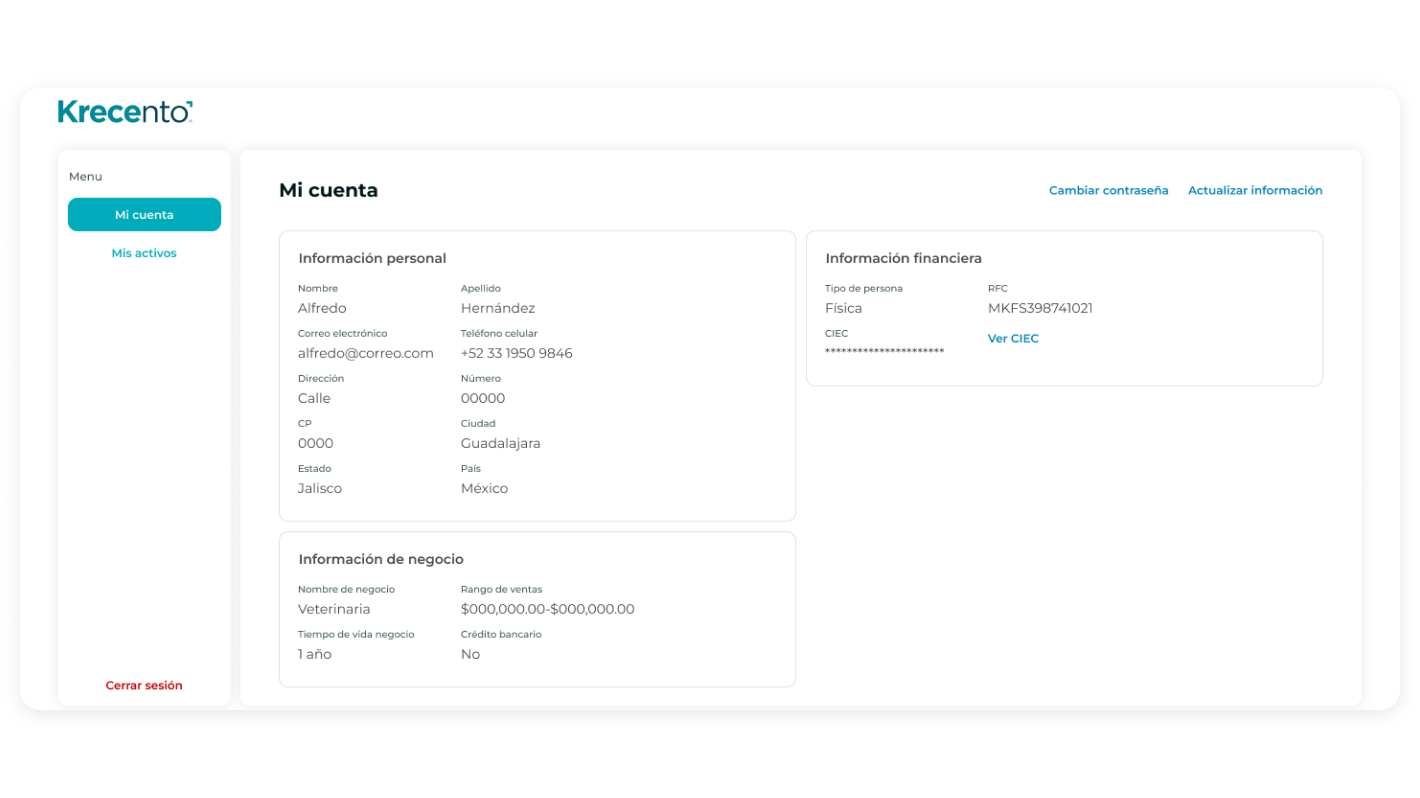 Krecento solicitud — paso 1