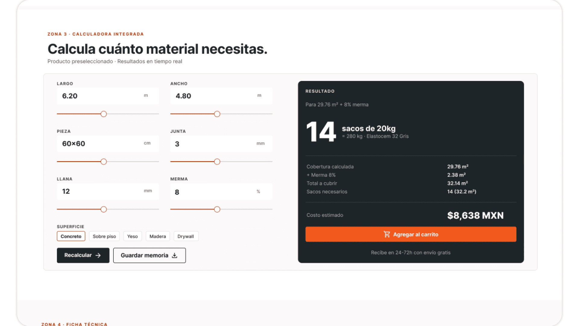 Pegaduro — PDP Zona 3, calculadora integrada con producto preseleccionado