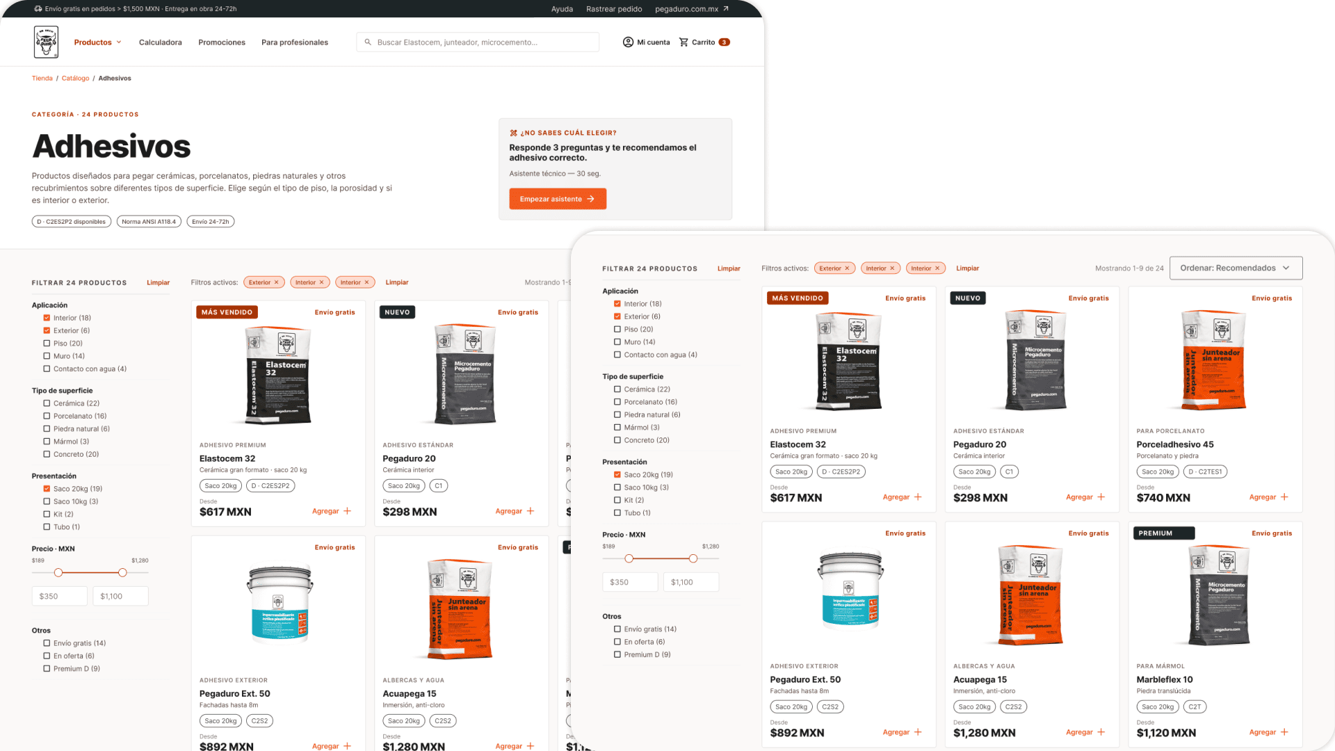 Pegaduro — listado de categoría Adhesivos, con filtros