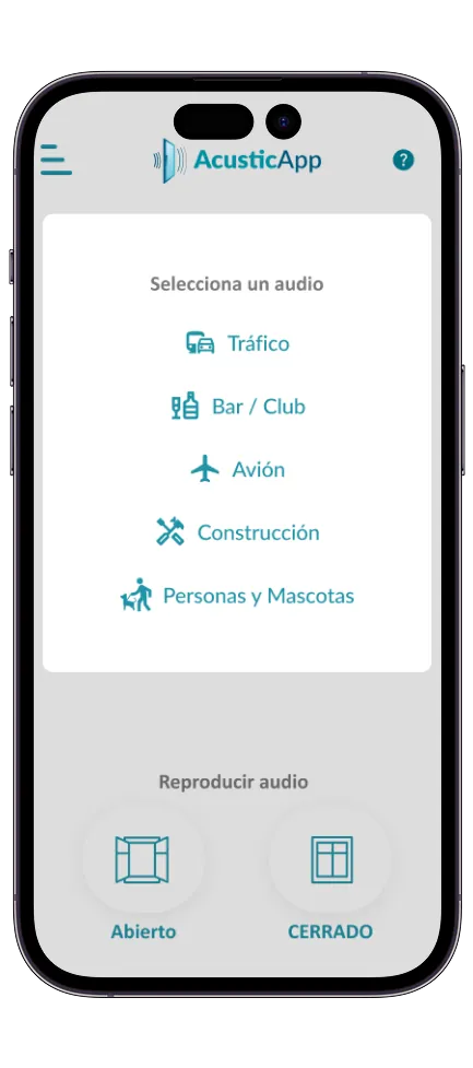 Acustic App — selección de escenario sonoro
