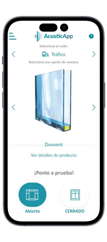 Acustic App — selección de producto y prueba de aislamiento