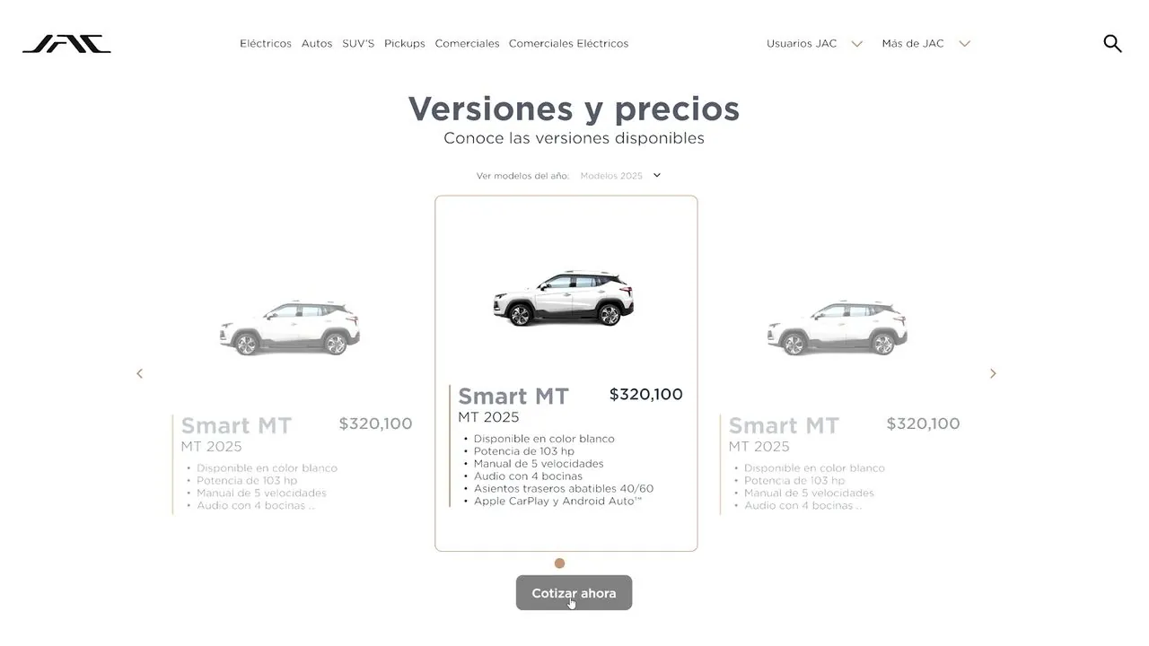 JAC México — flujo de cotización, versiones y precios