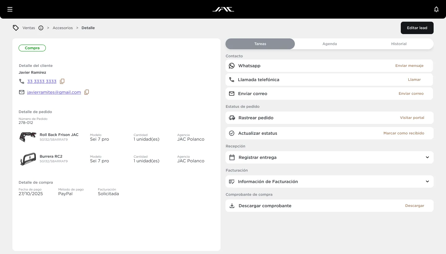 JAC México — CRM de ventas, detalle y seguimiento de lead