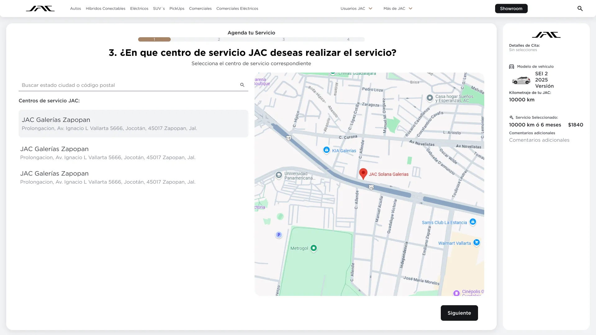 JAC México — agenda de servicio postventa con mapa de centros